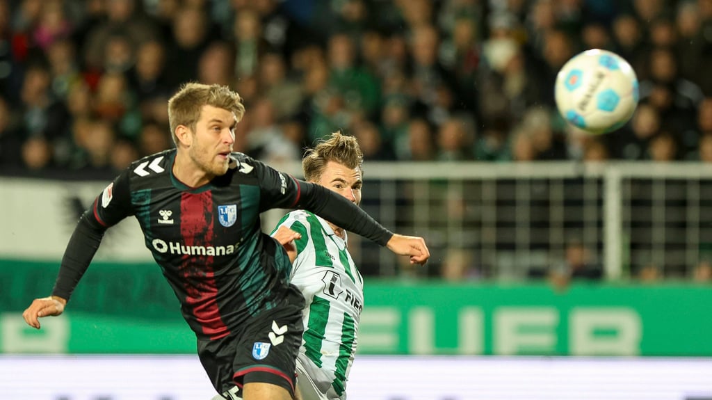 Marcus Mathisen netzt per Kopf: Gegen Preußen Münster traf der Spieler vom 1. FC Magdeburg zum entscheidenden 2:1.