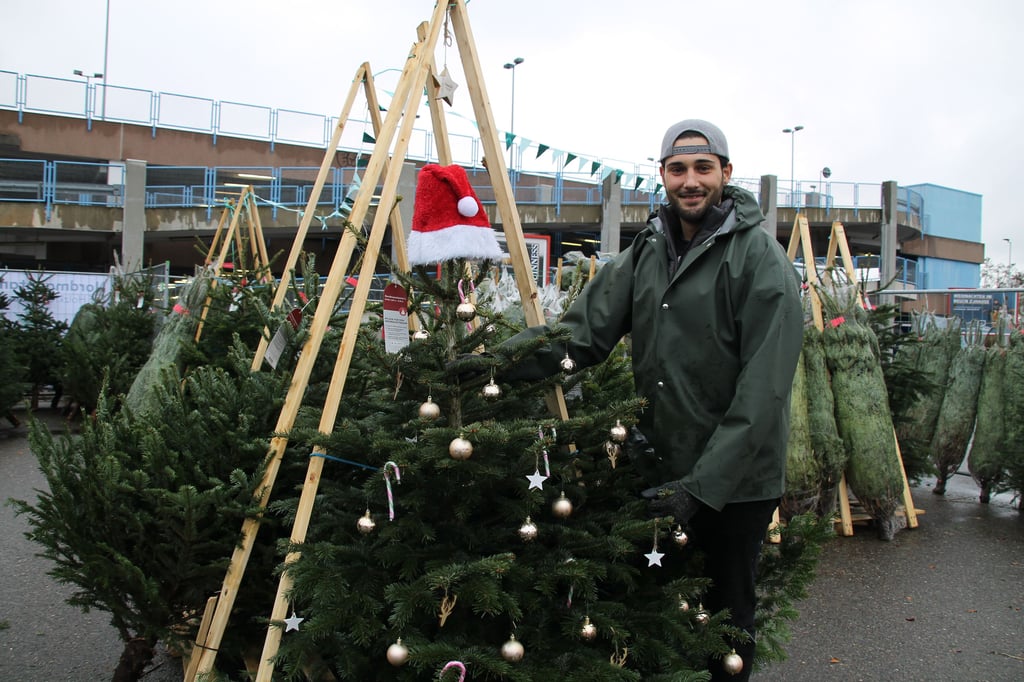 Dieser Baum wird gespendet: Jerome Krzos am Verkaufsstand in Halle Süd.
