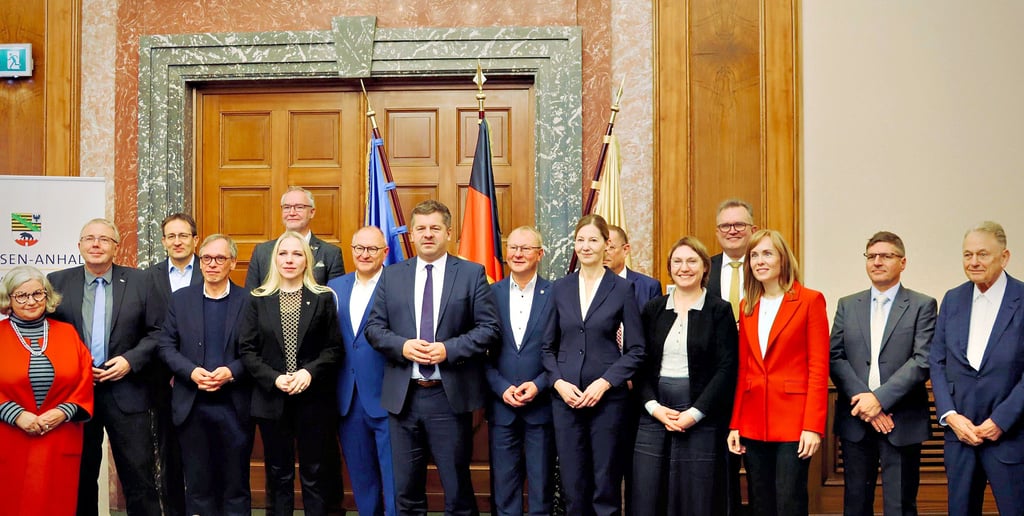 Wirtschaftsvertreter aus Sachsen-Anhalt trafen sich mit Minister Sven Schulze (Mitte) am Freitag im Wolfener Rathaus.