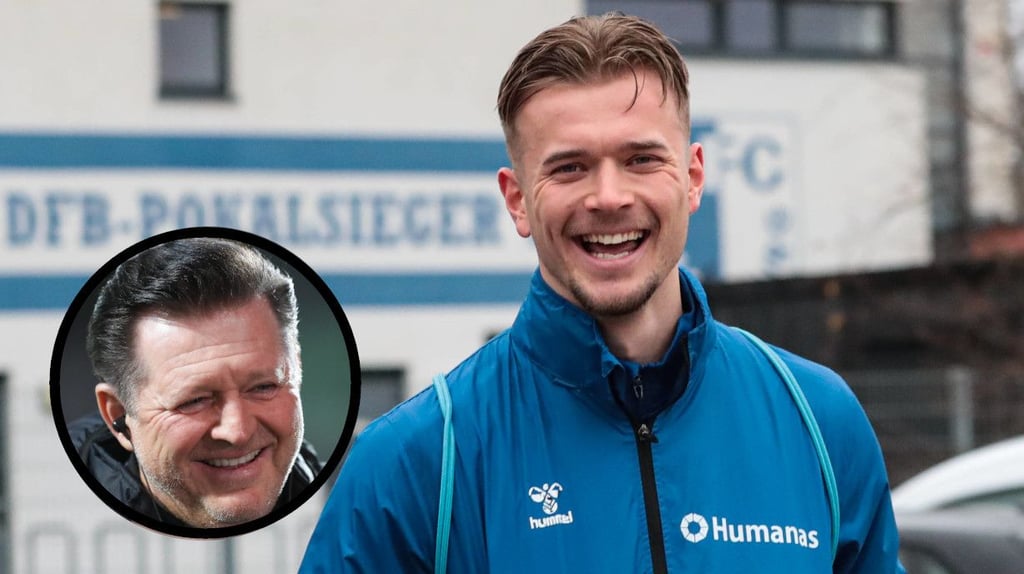 Alexander Ahl Holmström an seinem ersten Trainingstag beim 1. FC Magdeburg. Trainer Christian Titz (kleines Foto) zeigt sich beeindruckt.