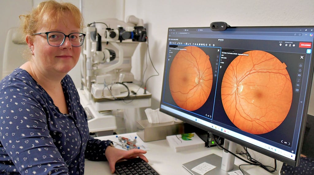 Augenoptikerin Annica Bernhardt bietet in Havelberg über ein Pilotprojekt Telemedizin an. Auf dem Bildschirm werden ihr die Ergebnisse angezeigt – hier ist die Netzhaut der Augen zu sehen.
