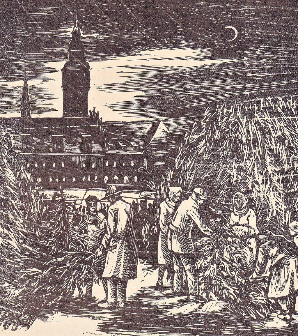Den traditionellen Weihnachtsbaumverkauf auf dem Altmarkt mit Blick zum Zeitzer Rathaus hielt der Künstler Johannes Lebek (1901-1985) als Holzstich fest.