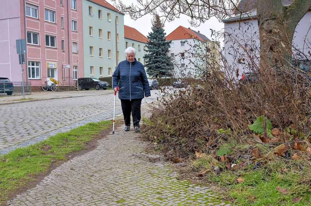 Brigitte Pfitzner wohnt in der Altener Strasse 42a. Will sie zur Straßenbahn, muss sie über diesen Fußweg in der Junkersstraße laufen. Mit ihr läft immer die Angst, auf dem schmalen Holperweg zu stürzen.