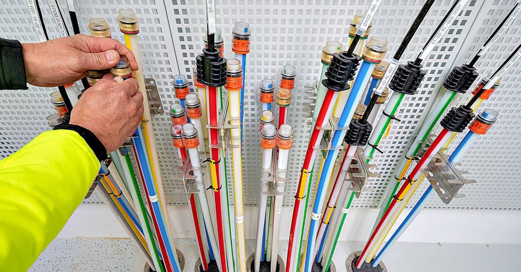 Kabel in einem PoP-Verteiler von Glasfasern.