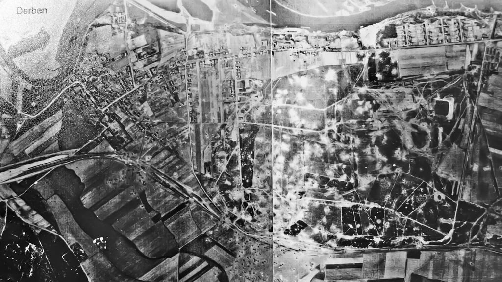Die amerikanischen Bomber Typ B 17 und B 24, die von den Jagdfliegern vom Typ Mustang P 51 der 357. Fighter Group begleitet wurden, warfen ihre Bomben hauptsächlich auf das Wifo-Lager und auf Derben ab. Die deutsche Abwehr, die durch das Jagdgeschwader JG-300 und JG -301 mit den Kampfjägern vom Typ Messerschmidt Bf 109 und Focke-Wulf FW 190 sich von Stendal-Borstel näherte, fügte zwar der amerikanischen Staffel durchaus Verluste zu, konnte aber das Bombardement nicht verhindern. Die hellen Flecke zeigen die Bombeneinschläge.