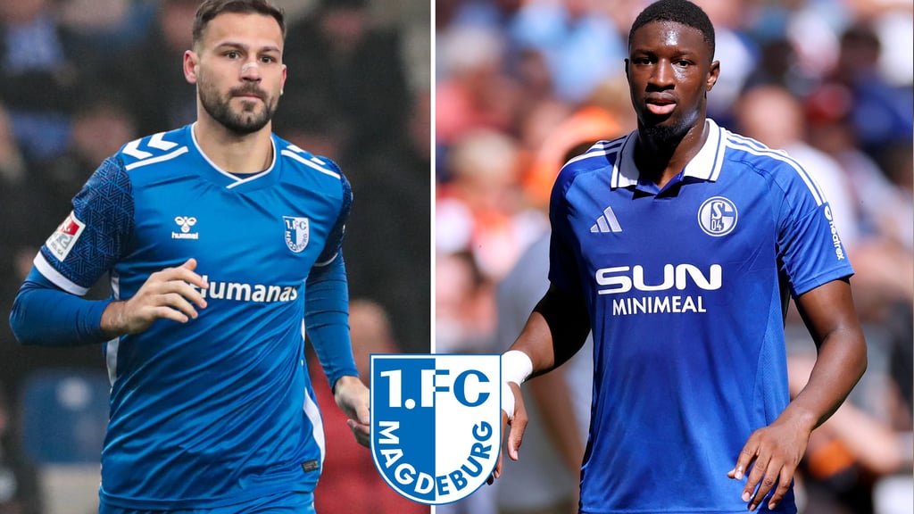 Aleksa Marusic vom 1. FC Magdeburg (li.) und Ibrahima Cissé vom FC Schalke 04.
