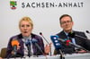 Gabriele Theren (l), Landesopferbeauftragte von Sachsen-Anhalt, und Roland Weber, Beauftragter der Bundesregierung für die Anliegen von Betroffenen von terroristischen und extremistischen Anschlägen im Inland.