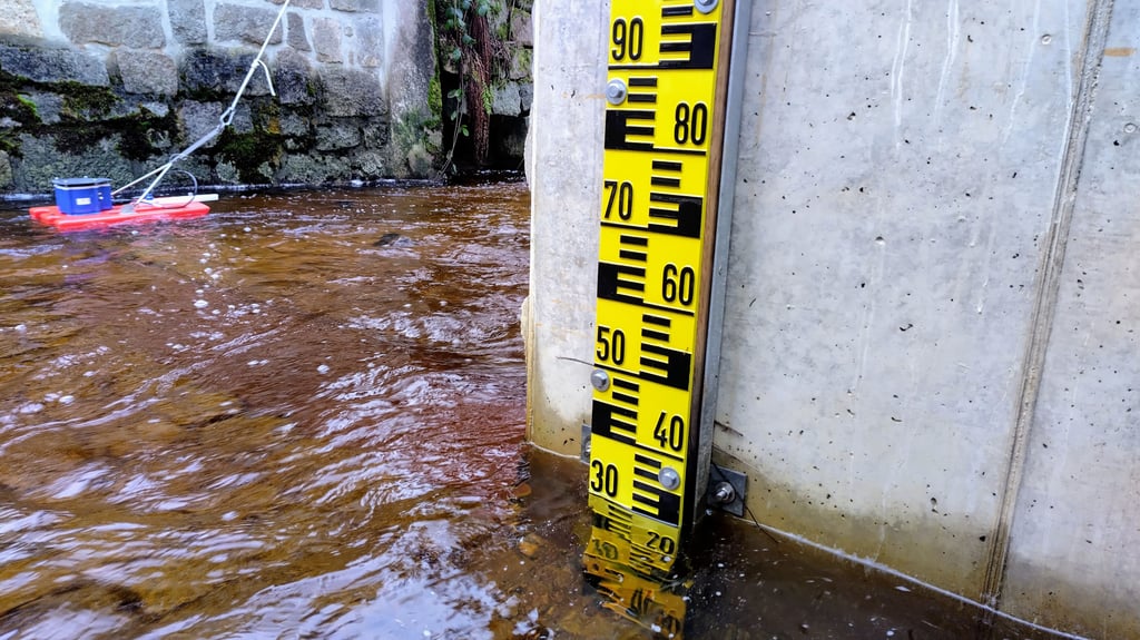 Der neue Lattenpegel an der Steinernen Renne bei Wernigerode, dahinter schwimmt ein Messboot des Landesbetriebs für Hochwasserschutz in der Holtemme.
