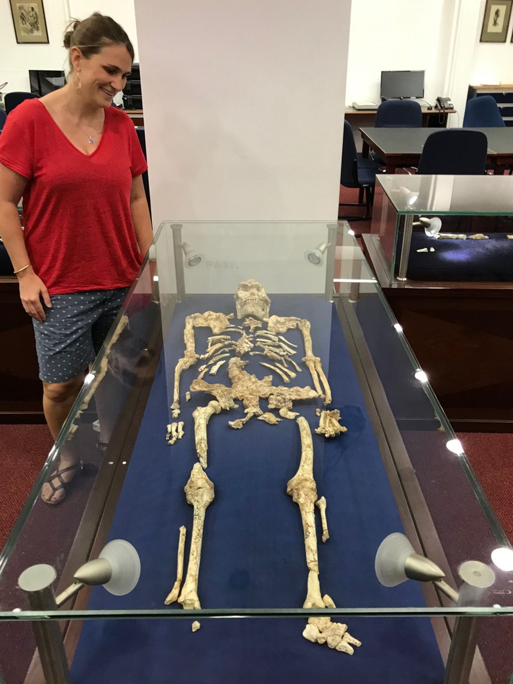 Geochemikerin Tina Lüdecke steht neben "Little Foot“, einem bemerkenswert gut erhaltenen Skelett des Australopithecus.