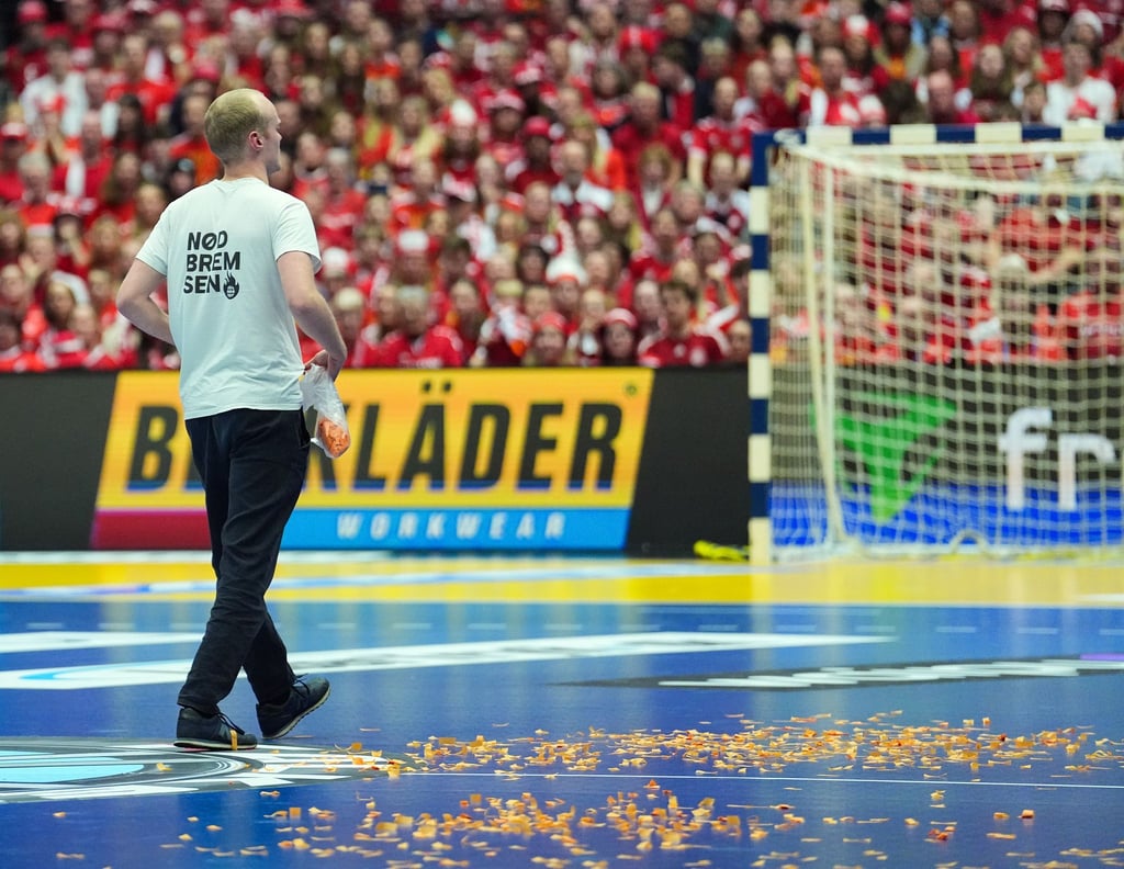 Ein mutmaßlicher Klimaaktivist verstreut Papierschnipsel beim WM-Spiel zwischen Dänemark und Tschechien.