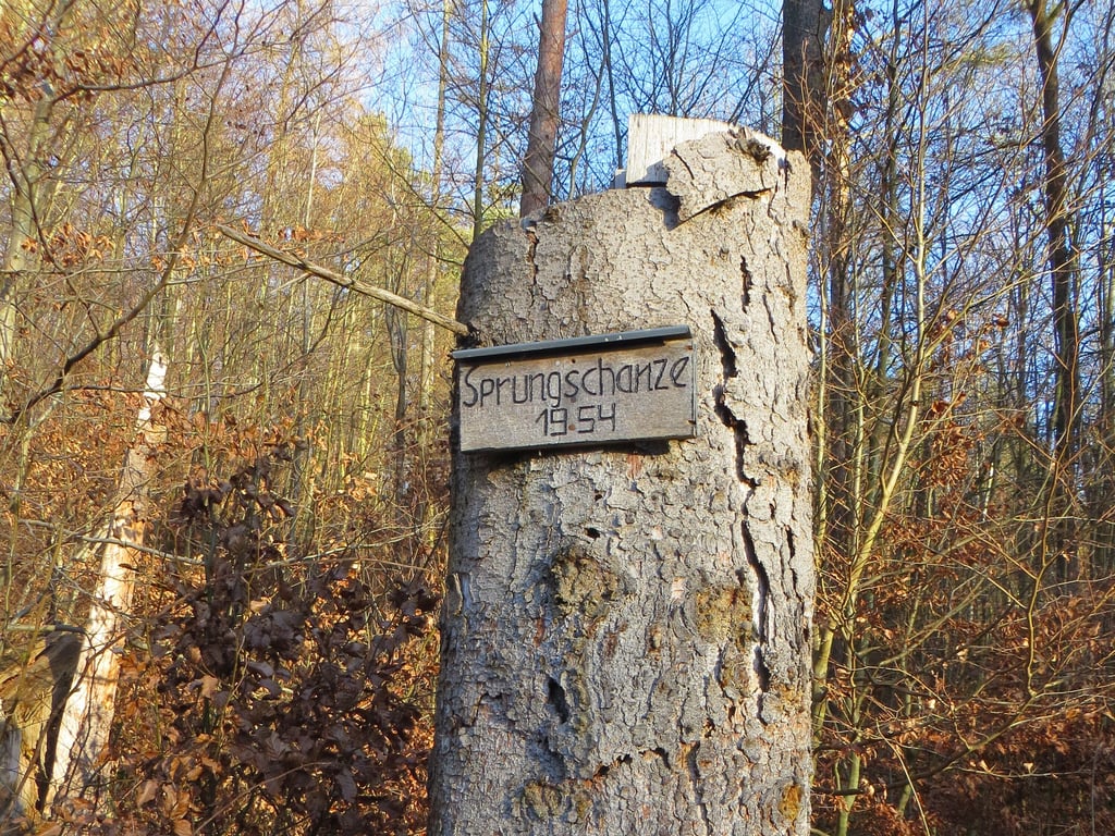 Ein Schild im Wald erinnert heute noch an die Skisprungschanze.