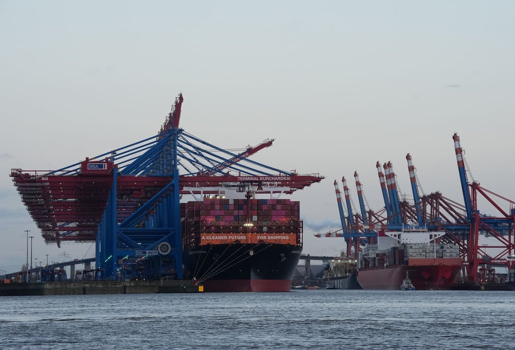 Containerschiffe von Hapag-Lloyd und Maersk liegen im Hamburger Hafen. (Archivbild)