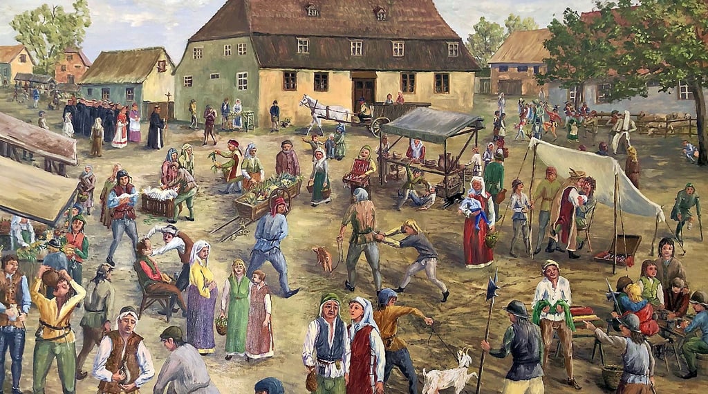 Wie sich der Horburger Maler Ernst Prochnow den Zwiebelmarkt im Mittelalter vorstellt, hielt er mit diesem Ölgemälde fest.