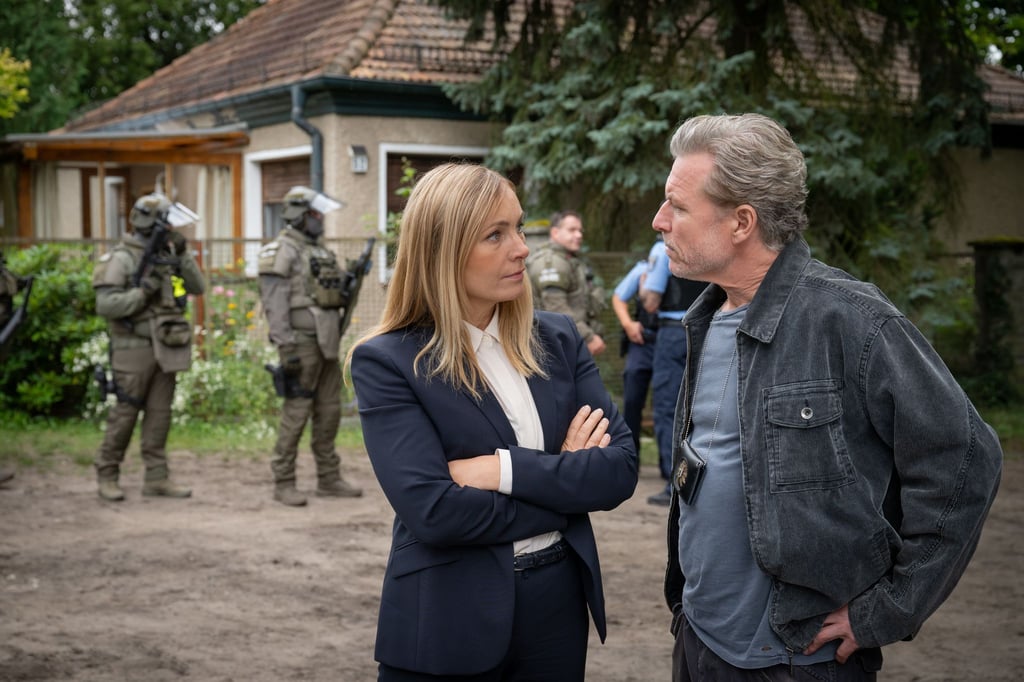 Judith Schrader (Nadja Uhl) und Jochen Montag (Dirk Borchardt) stehen vor dem Haus des Verdächtigten - Szene aus dem ZDF-Krimi „Die Jägerin - Gegen die Wut“.