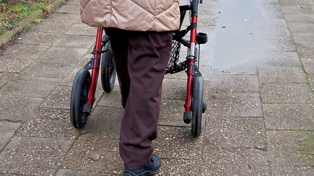 Schlaglöcher gibt es nicht nur auf Straßen, auch Gehwege können mit Ecken, Kanten und Löchern zu einer Gefahr werden. Das spüren besonders Menschen, die mit dem Rollator unterwegs sind. Diese Pfütze in der Samsweger Straße ist dabei eher harmlos, weil sich der Weg nur sanft wölbt.