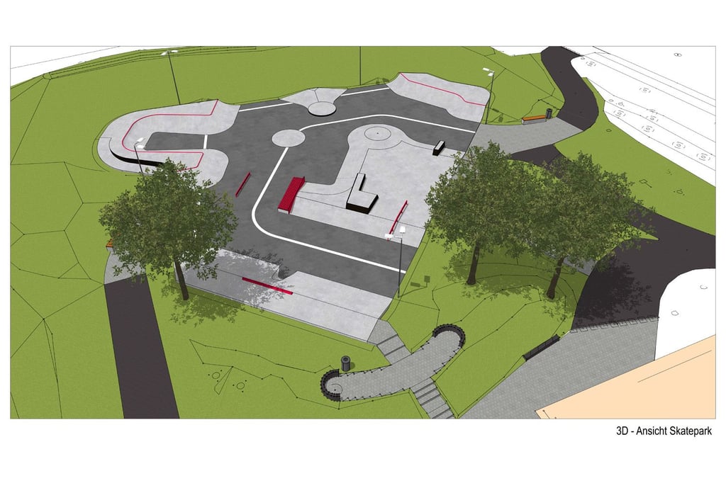 Die Visualisierung zeigt, wie der neue Skatepark aussehen könnte. Hierbei handelt es sich jedoch noch nicht um den endgültigen Entwurf, sondern nur um eine erste Anschauung.