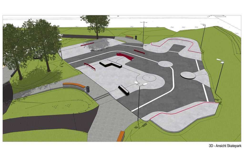 Die Visualisierung zeigt, wie der neue Skatepark aussehen könnte. Hierbei handelt es sich jedoch noch nicht um den endgültigen Entwurf, sondern nur um eine erste Anschauung.