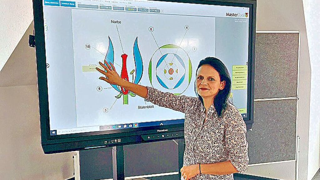 Die Schulen in Trägerschaft des Burgenlandkreises sind mit digitalen Tafeln ausgestattet. Sie bieten Vorteile, treiben aber die Stromkosten in die Höhe. Auf diesem Foto zeigt die medienpädagogische Beraterin Jana Maurer-Trautmann, wie die digitalen Tafeln funktionieren.