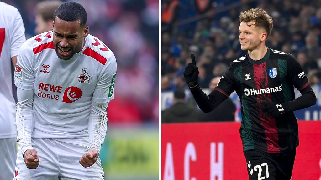 Linton Maina (li.) vom 1. FC Köln und Philipp Hercher vom 1. FC Magdeburg - beide treffen am Freitag in der Avnet-Arena in der 2. Bundesliga aufeinander.