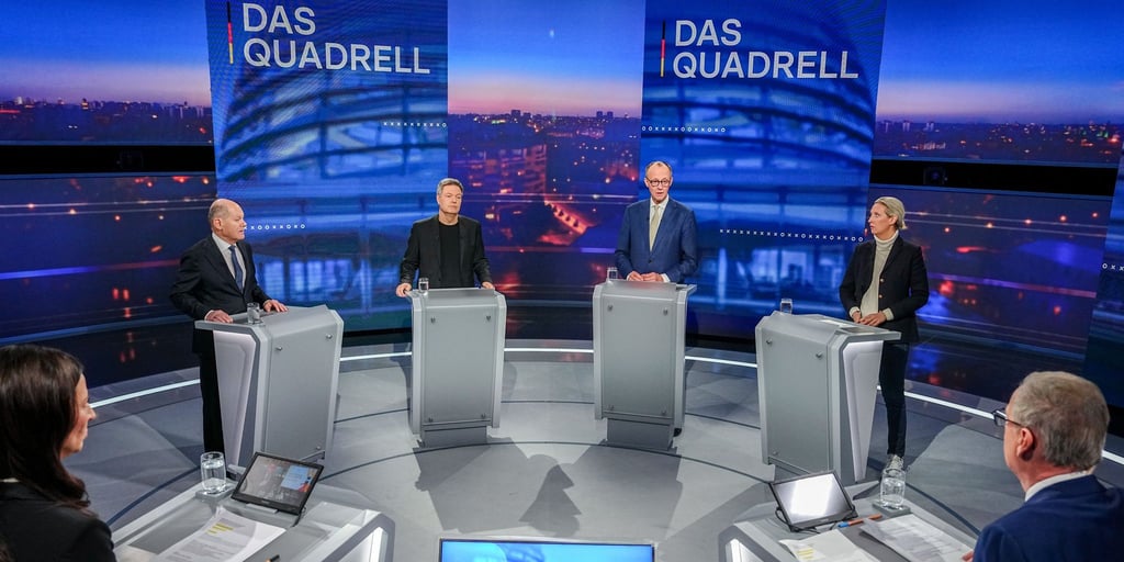 Bundeskanzler Olaf Scholz (SPD), Robert Habeck (Bündnis 90/Die Grünen), Friedrich Merz, Unions-Kanzlerkandidat und CDU-Chef, sowie Alice Weidel, Fraktionsvorsitzende der AfD, nahmen Sonntagabend am „Quadrell“ von RTL teil.