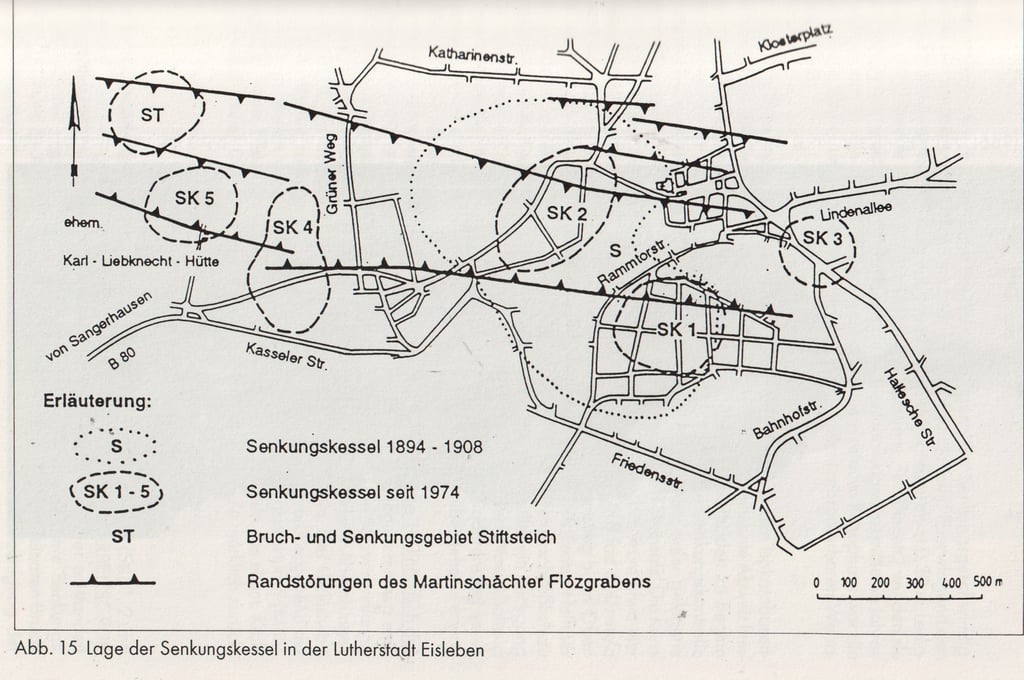 Die Karte zeigt die Senkungsgebiete in Eisleben. Der Senkungskessel 1 (SK 1) am Rande der Rammtorstraße umfasst das Gebiet der Siebenhitzen.