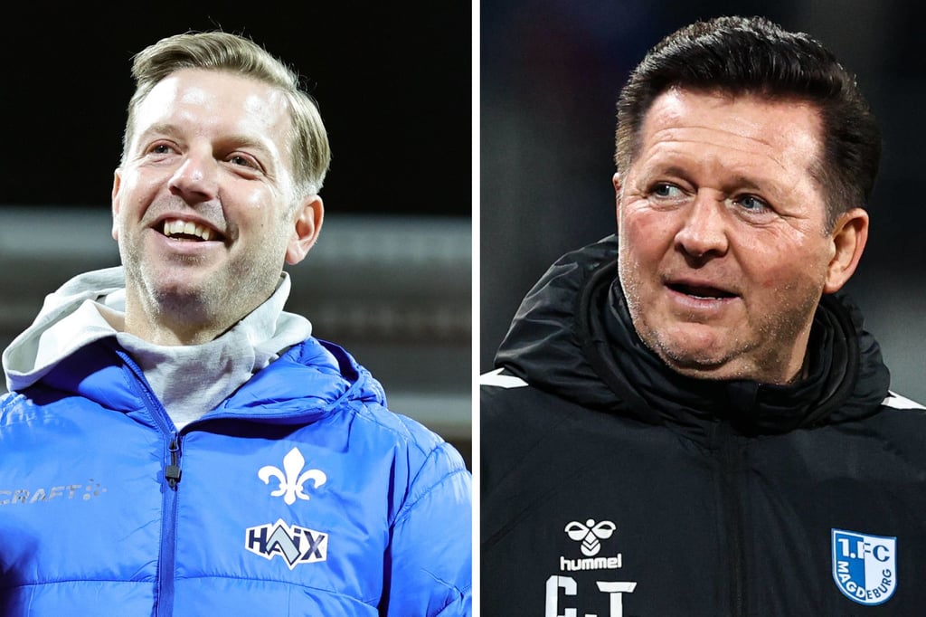 Florian Kohfeldt, Trainer vom SV Darmstadt, und FCM-Trainer Christian Titz: Duell auf Augenhöhe am Sonntag in Magdeburg.
