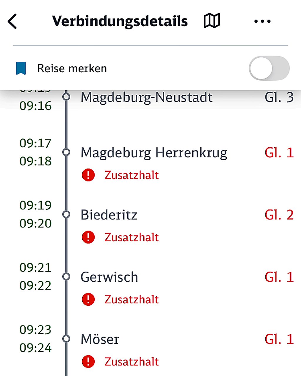 Wegen des Ausfalls der Regionalbahn 40 hat am Vormittag vom 27. Februar 2025 der Regionalexpress 1 die Stationen vom Herrenkrug sowie in Biederitz, Gerwisch und Möser angesteuert.