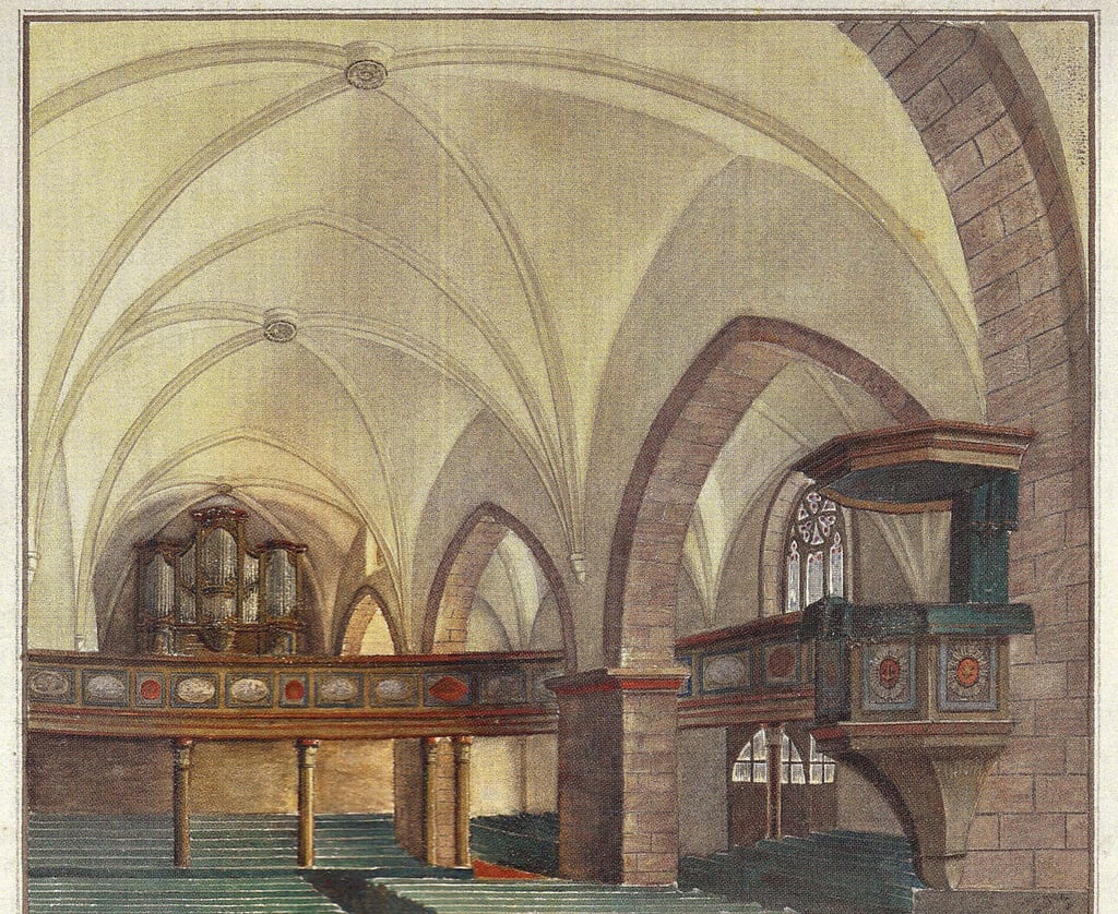 Dieser zur Ausführung gekommene Entwurf aus dem Jahr 1925 für die Ausmalung des Kirchenschiffes der Michaeliskirche stammt von Ernst Lößnitz. In der Zeitzer Hauptkirche wurde der Maler überdies am 2. September 1866 auch getauft.