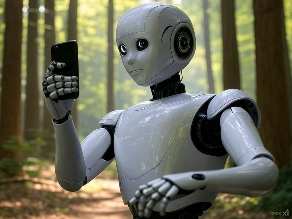 Wer die KI Grok bittet, sich selbst beim Anfertigen eines Selfies während eines Waldspaziergangs zu zeigen, bekommt dieses Ergebnis.