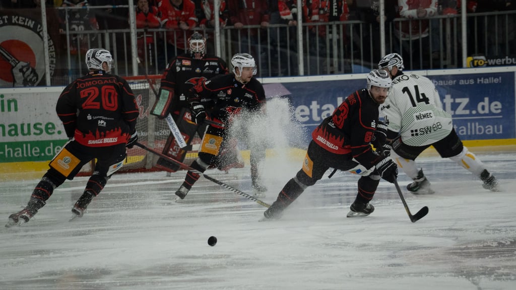 Die Saale Bulls um Tomi Wilenius (r.) zeigten sich in Spiel zwei gegen die Bietigheim Steelers stark verbessert.