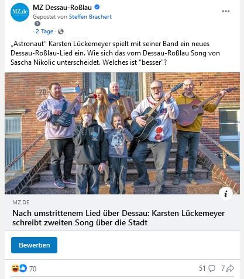 Der Bericht von einem zweiten Dessau-Song hat auf Facebook interessiert.