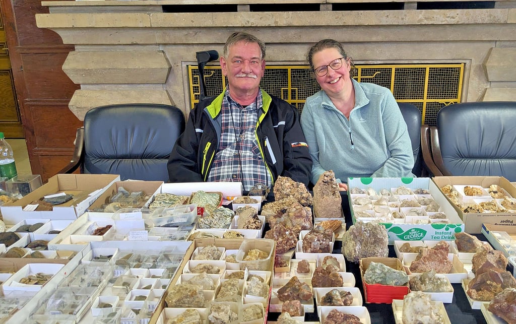 Andi und Anja Kanitz haben an ihrem Stand viele verschiedene Fossilien – sogar die versteinerten Fußabdrücke eines Insektes.