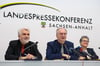 Gute Laune in der Landespressekonferenz: Armin Willingmann (SPD, links), Reiner Haseloff (CDU) und Lydia Hüskens (FDP). Die Abstimmung über das Schuldenpaket sorgt derzeit für Ärger zwischen SPD und FDP.