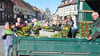 Gruppenfoto bei der Übergabe der Primeln am Markt in Seehausen. In diesem Jahr kommen die Blumen von der Gärtnerei Schwander. 