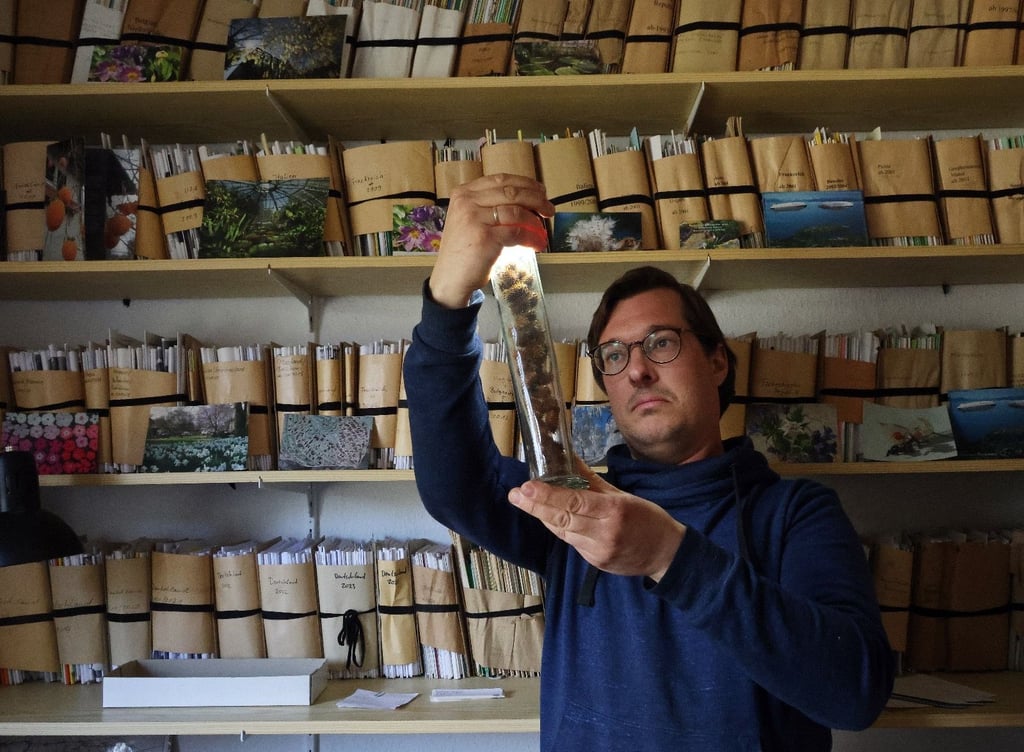Prüfender Blick: Johann Rothe vor einem Regal der Saatgut-Sammlung im botanischen Garten Halle. Hier werden Sämereien von rund 4.000 Pflanzenarten aufbewahrt.