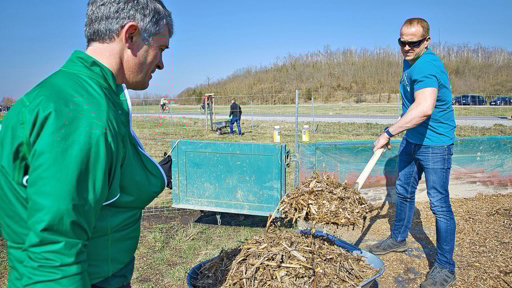 Das Mulch wird erst in die Schubkarren geschaufelt, dann auf die Baumscheiben verteilt.