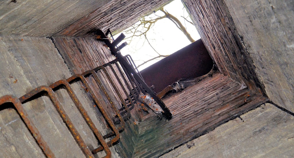 Dieser Blick durch den geöffneten Ausstieg des Bunkers am Staßfurter „Bombentrichter“ ist angenehmer als in die andere Richtung. Wenn man dort oben steht, geht's gut fünf Meter in die Tiefe.