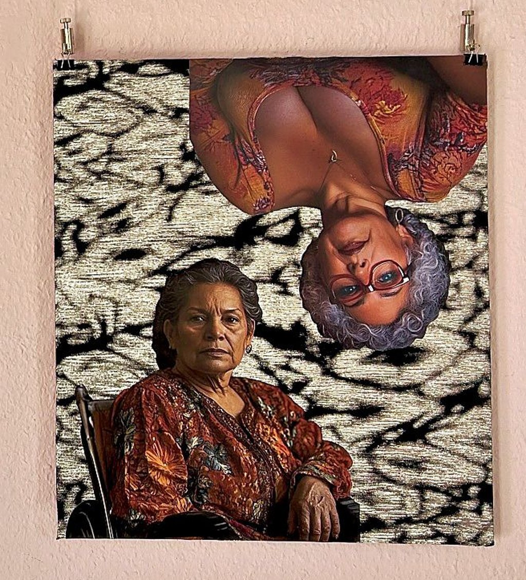 Dieses Werk zeigt zwei von der KI erstellte Personen. Sie gehören zu der Serie der alten Frauen.