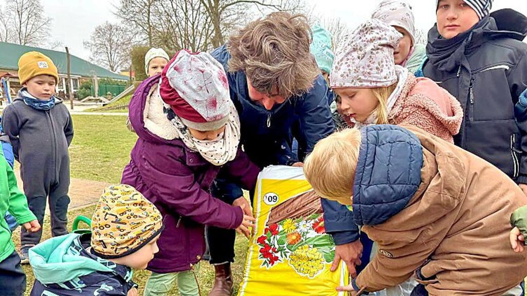 Mit vereinten Kräften wird Pflanzerde in das Loch geschüttet.