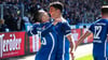 Doppeltorschütze für den 1. FC Magdeburg, Baris Atik, und Kollege Tobias Müller im Freudenrausch - 2:0 siegt der FCM gegen den 1. FC Kaiserslautern.