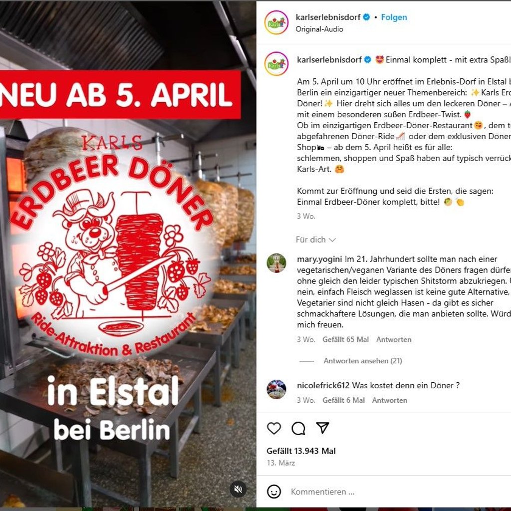 Groß angekündigt wurde der Erdbeer-Döner auf der Instagram-Seite von "Karls Erlebnis-Dorf". Nun kann der besondere Döner in Elstal probiert werden.