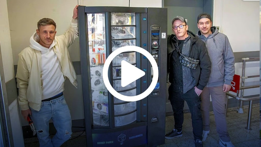 Retouren für 10 Euro: Jeffrey Neumann, Christian Weiland und Patrick Eßbach haben im Kaufland in Dessau einen Automaten für Überraschungspakete aufgestellt.