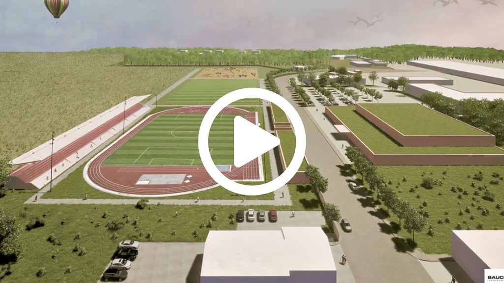 Die Grafik aus dem Projektantrag der Stadt zeigt einen Entwurf des nahe dem Wattrelosring im Wohngebiet Rüsternbreite in Köthen geplanten Sportplatzes (li.) und des auf der gegenüberliegenden Straßenseite geplanten Multifunktionszentrums.