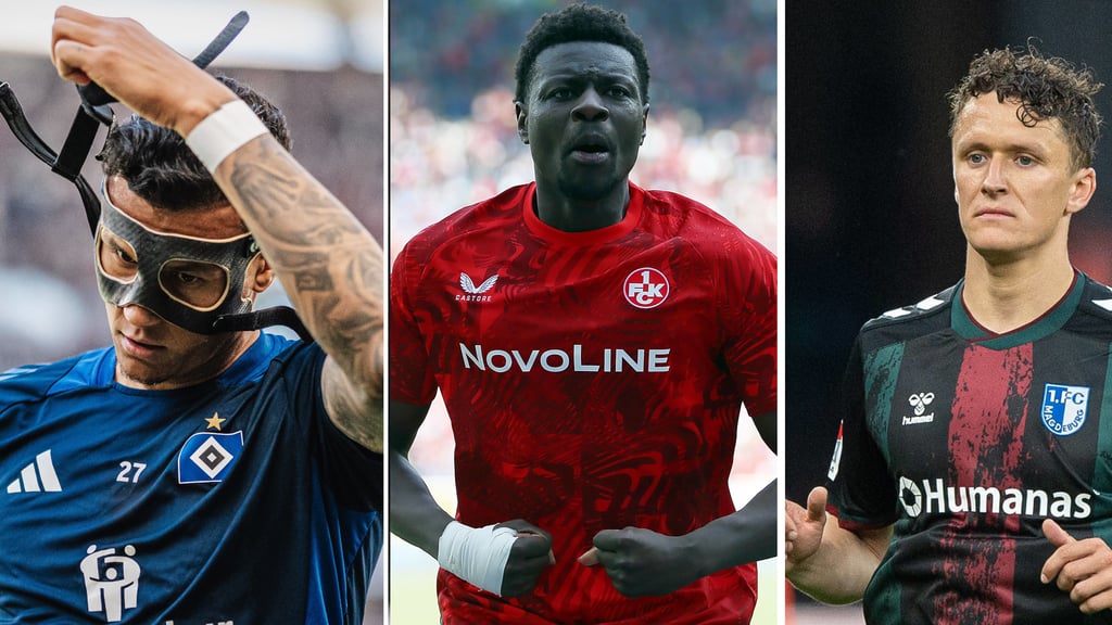 Wer holt sich die Torjägerkanone 2024/25 in der 2. Bundesliga? Noch fünf Profis sind realistisch im Rennen, auf dem Foto sind Davie Selke (li. Hamburger SV), Ragnar Ache (Mi.,1. FCK) und Martijn Kaars (1. FCM).