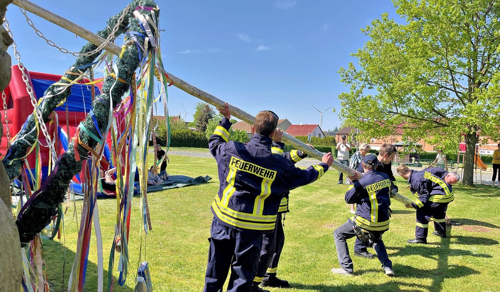 Die Kameraden der Feuerwehr in Demker richten den Maibaum auf.