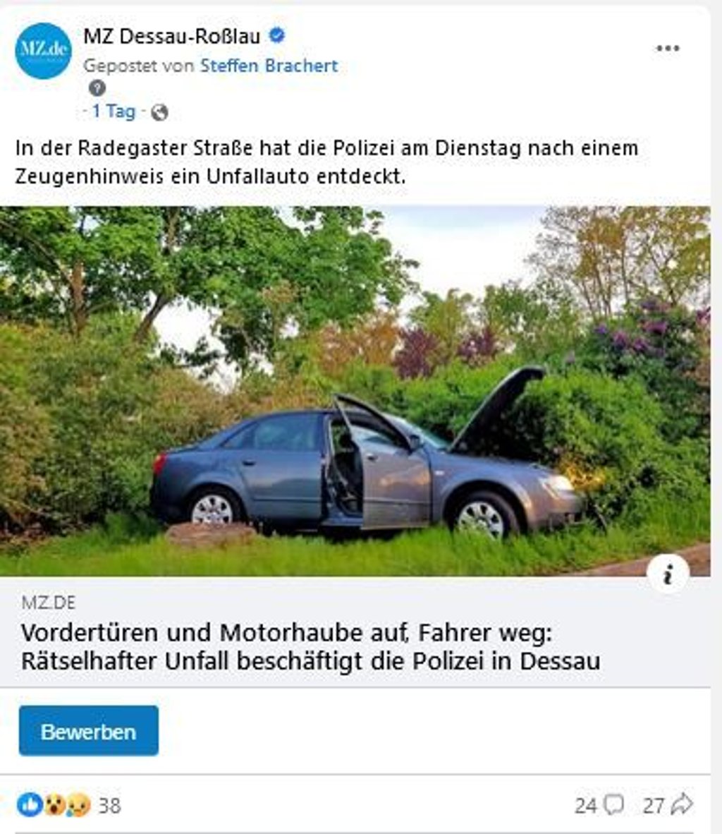 Der Facebook-Post zu einem Unfallauto in Dessau erreichte 14.500 Personen.