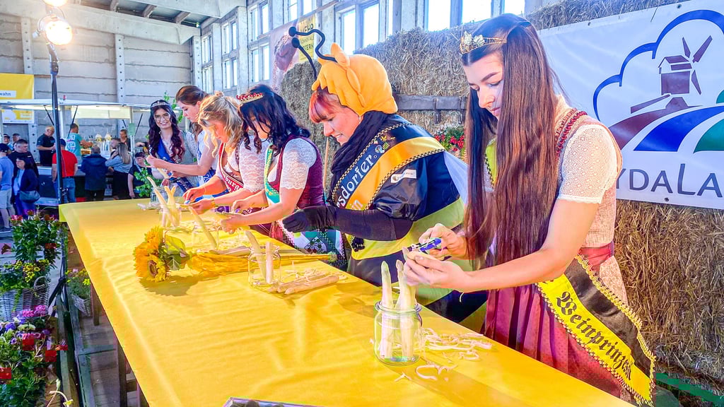 Fünf Hoheiten aus dem Jessener Land eröffnen mit ihrer „Handwerkskunst“ den Wettbewerb im Spargelschälen. Spargelprinzessin Celine Schwarzer (li.) moderiert.