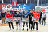 War für sie der 39:33-Sieg am vergangenen Samstag gegen Oranienburg das letzte Heimspiel im Trikot des HC Burgenland? Vojta Kozubik (vorn, v.l.), Michael Günther, Strahinja Vucetic, Franz Häcker und Benas Vaicekauskas wurden verabschiedet; sie verlassen den Club nach dieser Saison. Möglicherweise müssen sie aber noch die Abstiegsrelegation gegen Plauen-Oberlosa bestreiten.  
