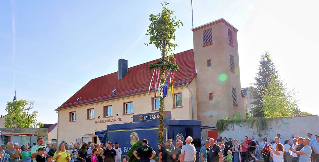 Rund 300 Besucher erleben bei bestem Wetter das Aufrichten des Maibaumes in Biere.