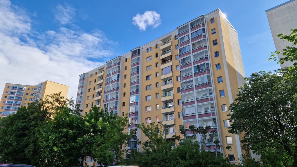 Aus diesem Plattenbau in Halle-Neustadt ist die Person in die Tiefe gestürzt.